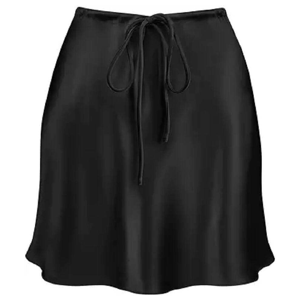 Women's Drawstring Satin Mini Skirt High Waisted Elegant Casual A-Line Flared Si - Picture 4 of 5